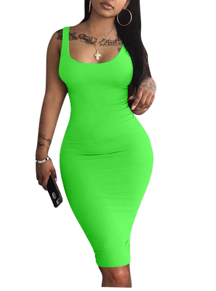 LAGSHIAN Women's Sexy Bodycon Tank Dress Sleeveless Basic Midi Club Dresses Lakegreen - Image 1